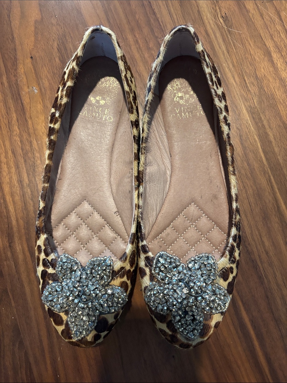 Vince Camuto Leopard Print Ballet Flats with Crystal Floral Accent